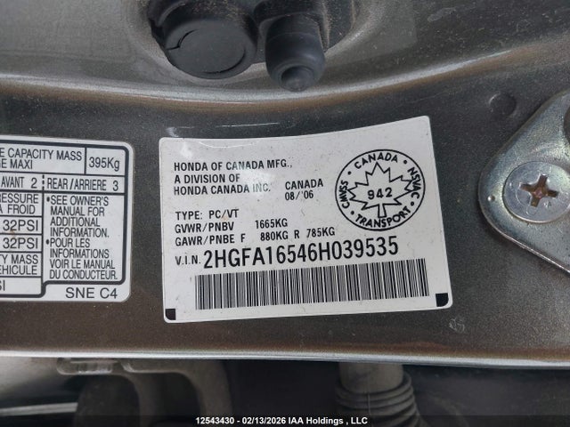 Aukcja sprzedaży 2006 Honda Civic, vin: 2HGFA16546H039535, numer aukcji: 12543430