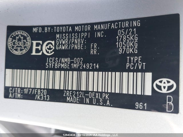 2021 Toyota Corolla მანქანა იყიდება აუქციონზე, vin: 5YFBPMBE1MP249214, აუქციონის ნომერი: 12543434