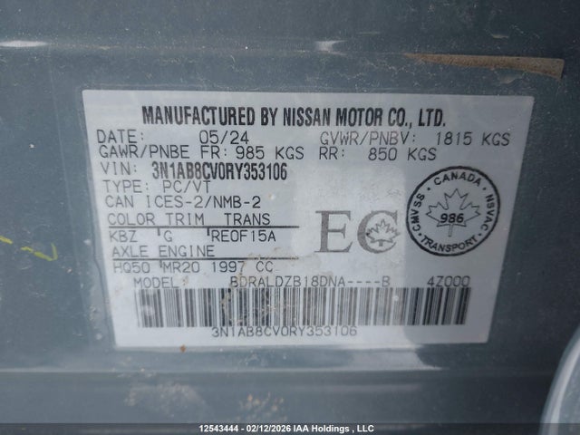 3N1AB8CV0RY353106 Nissan SENTRA SV