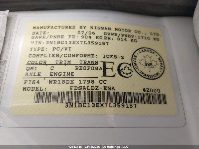12543445 :رقم المزاد ، 3N1BC13EX7L359157 vin ، 2007 Nissan Versa 1.8sl مزاد بيع