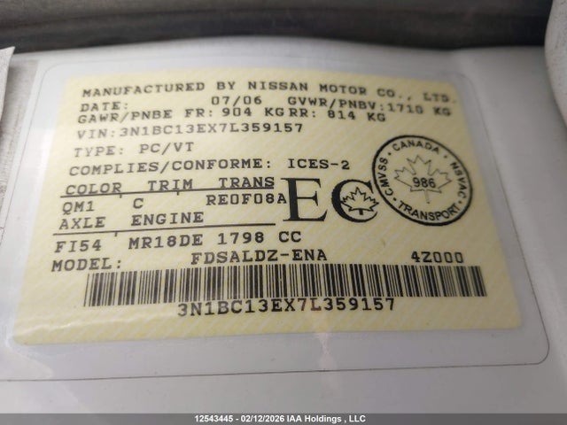 12543445 :رقم المزاد ، 3N1BC13EX7L359157 vin ، 2007 Nissan Versa 1.8sl مزاد بيع