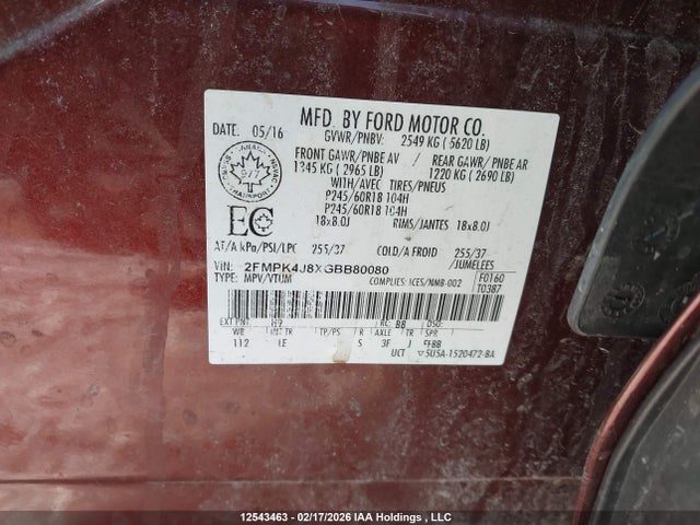 Ford EDGE SEL 2016 2FMPK4J8XGBB80080 Image 9