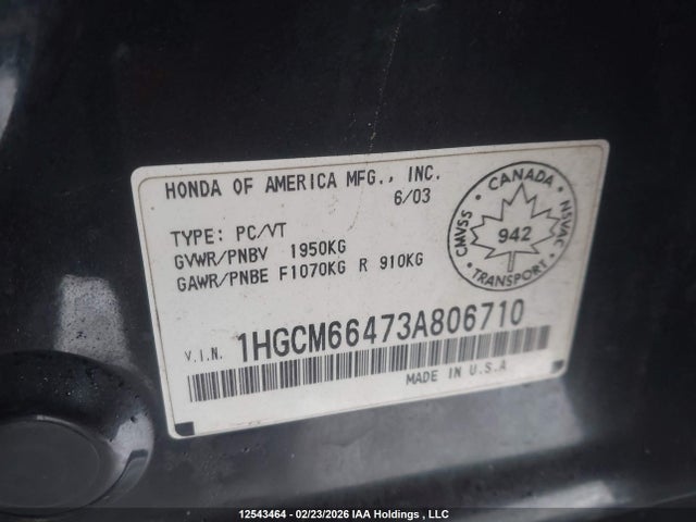 2003 Honda Accord Ex-v6 მანქანა იყიდება აუქციონზე, vin: 1HGCM66473A806710, აუქციონის ნომერი: 12543464