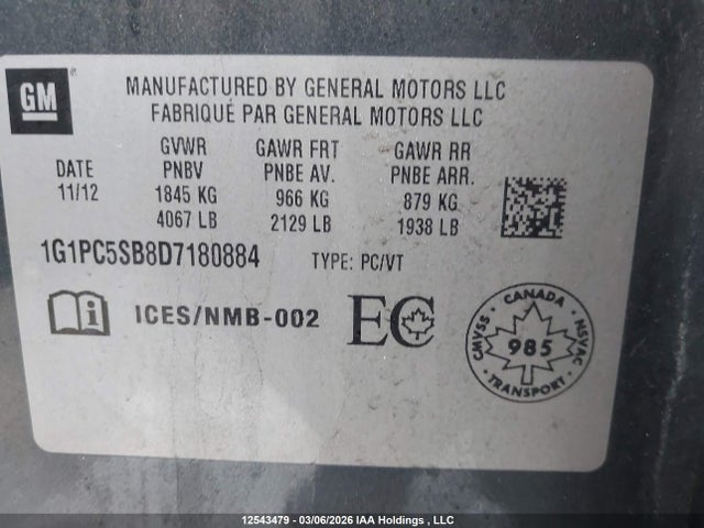 2013 Chevrolet Cruze მანქანა იყიდება აუქციონზე, vin: 1G1PC5SB8D7180884, აუქციონის ნომერი: 12543479