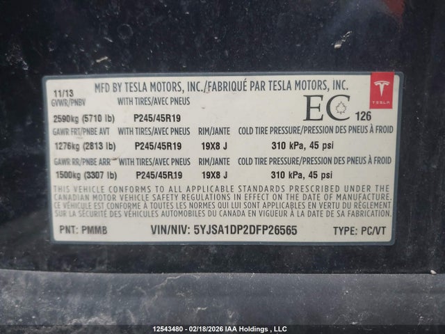 Продаж на аукціоні авто 2013 Tesla Model S Performance, vin: 5YJSA1DP2DFP26565, номер лоту: 12543480