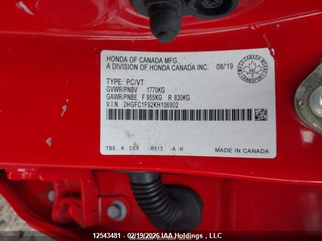 Продажа на аукционе авто 2019 Honda Civic Touring, vin: 2HGFC1F92KH106902, номер лота: 12543481