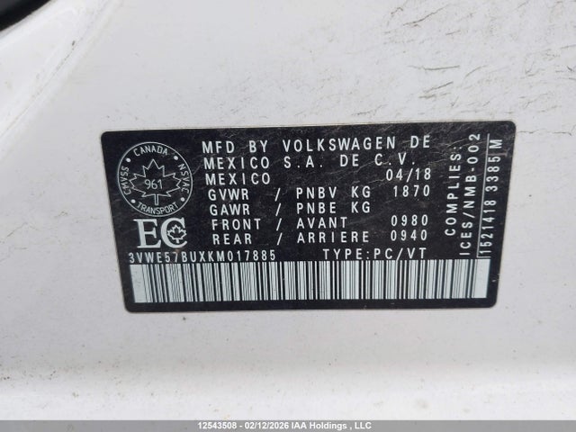 Продажа на аукционе авто 2019 Volkswagen Jetta Sel, vin: 3VWE57BUXKM017885, номер лота: 12543508