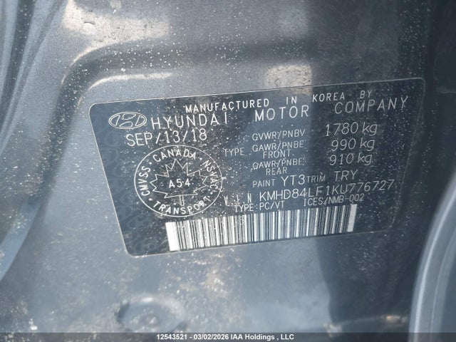 KMHD84LF1KU776727 Hyundai Elantra