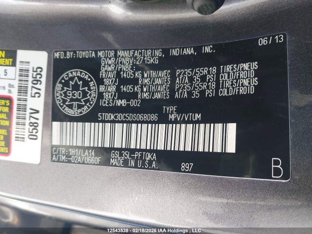 12543538 :رقم المزاد ، 5TDDK3DC5DS068086 vin ، 2013 Toyota Sienna Xle 7 Passenger مزاد بيع