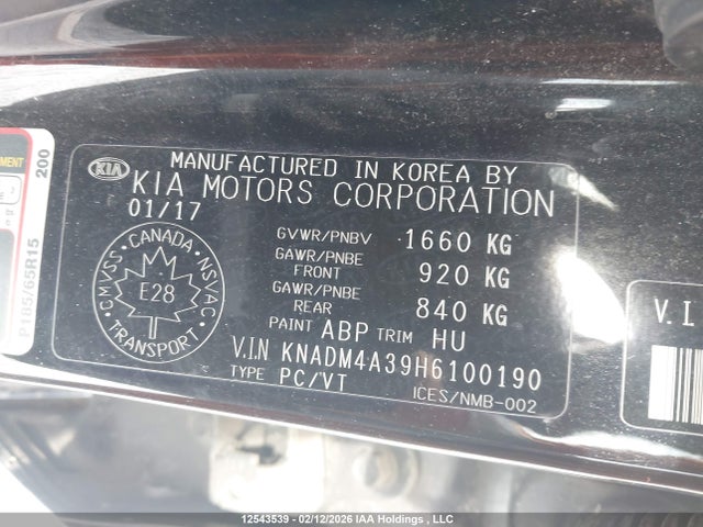 KNADM4A39H6100190 KIA Rio Ex Special Edition/ex+ W/sunroof/lx/lx+/sx/sx W/navigation