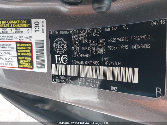 5TDXK3DC4GS737899 Toyota Sienna Se 8 Passenger
