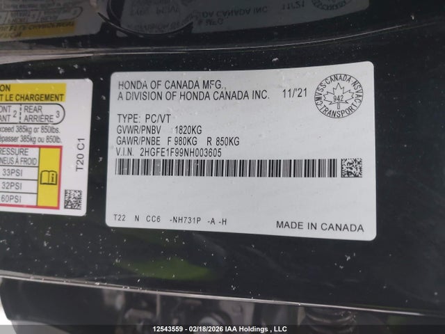 Aukcja sprzedaży 2022 Honda Civic, vin: 2HGFE1F99NH003605, numer aukcji: 12543559