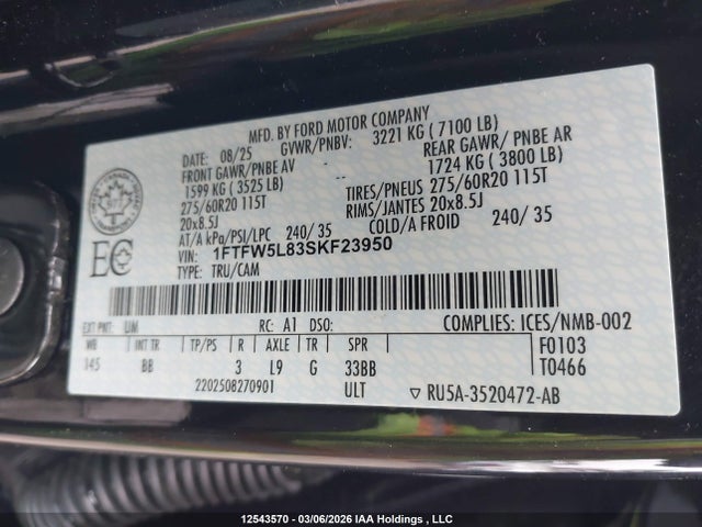 Aukcja sprzedaży 2025 Ford F-150, vin: 1FTFW5L83SKF23950, numer aukcji: 12543570