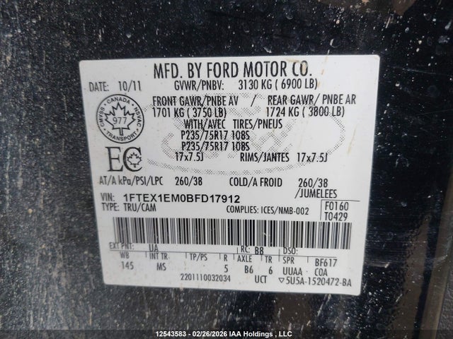 Aukcja sprzedaży 2011 Ford F-150 Xlt, vin: 1FTEX1EM0BFD17912, numer aukcji: 12543583