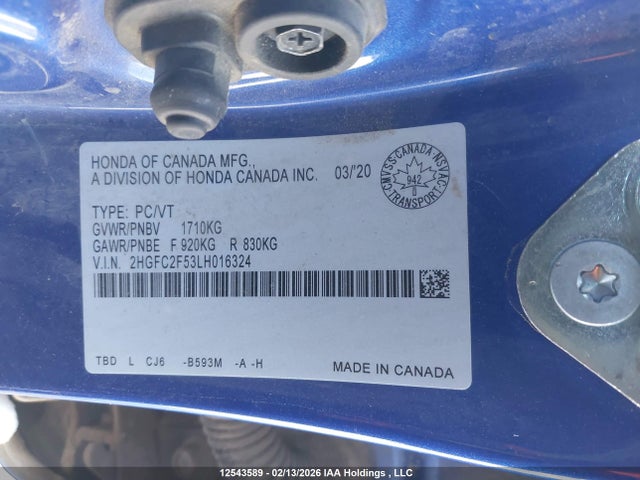 2020 Honda Civic Lx მანქანა იყიდება აუქციონზე, vin: 2HGFC2F53LH016324, აუქციონის ნომერი: 12543589