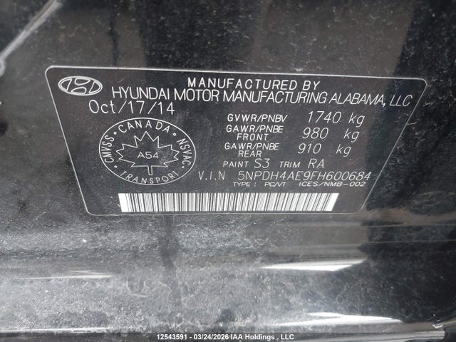 Продаж на аукціоні авто 2015 Hyundai Elantra L, vin: 5NPDH4AE9FH600684, номер лоту: 12543591
