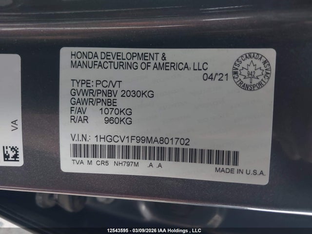1HGCV1F99MA801702 Honda Accord Touring 1.5t