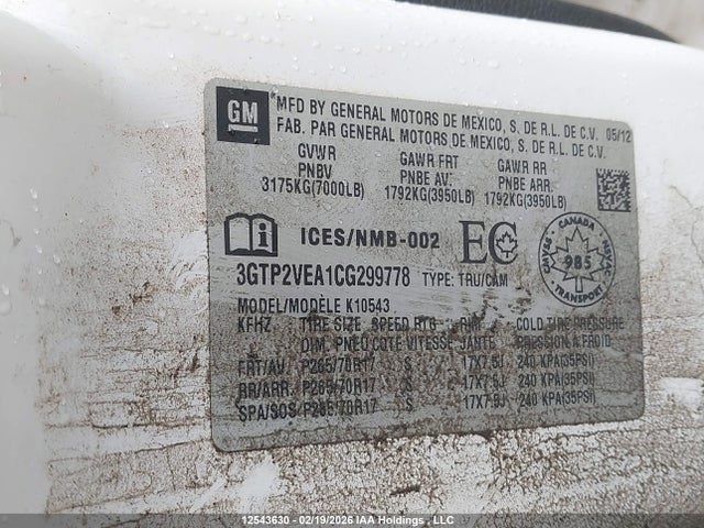 Aukcja sprzedaży 2012 Gmc Sierra 1500 Sle, vin: 3GTP2VEA1CG299778, numer aukcji: 12543630