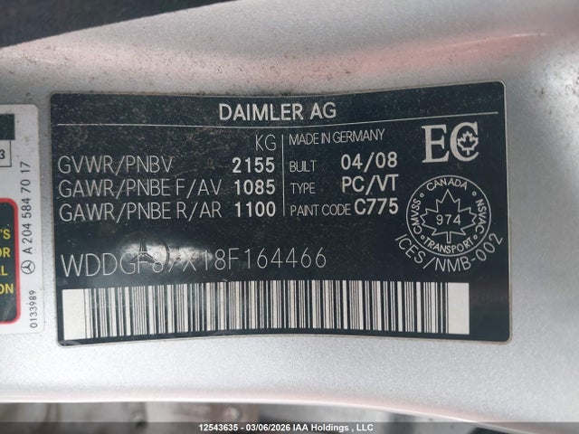 Aukcja sprzedaży 2008 Mercedes-benz C 350 4matic, vin: WDDGF87X18F164466, numer aukcji: 12543635