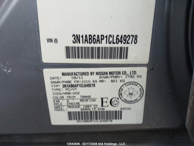 12543646 :رقم المزاد ، 3N1AB6AP1CL649278 vin ، 2012 Nissan Sentra مزاد بيع