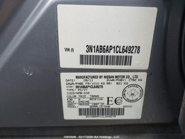 12543646 :رقم المزاد ، 3N1AB6AP1CL649278 vin ، 2012 Nissan Sentra مزاد بيع