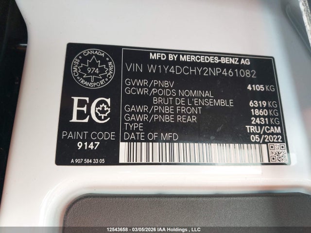 Продажа на аукционе авто 2022 Mercedes-benz Sprinter, vin: W1Y4DCHY2NP461082, номер лота: 12543658