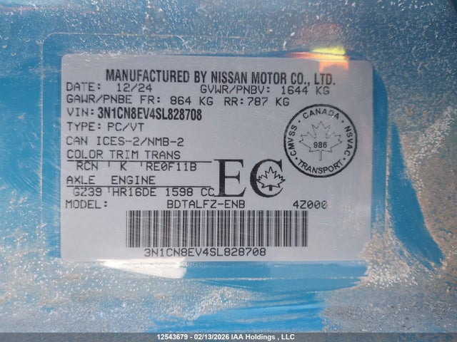 3N1CN8EV4SL828708 Nissan VERSA SV