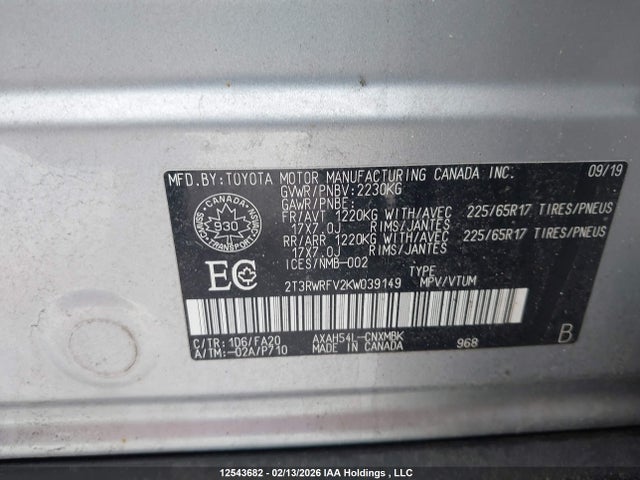 12543682 :رقم المزاد ، 2T3RWRFV2KW039149 vin ، 2019 Toyota Rav4 Hybrid Xle مزاد بيع