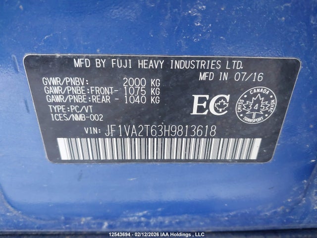 Aukcja sprzedaży 2017 Subaru Wrx Sti Limited, vin: JF1VA2T63H9813618, numer aukcji: 12543694