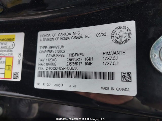 2HKRS3H29RH000765 Honda Cr-v Lx-b