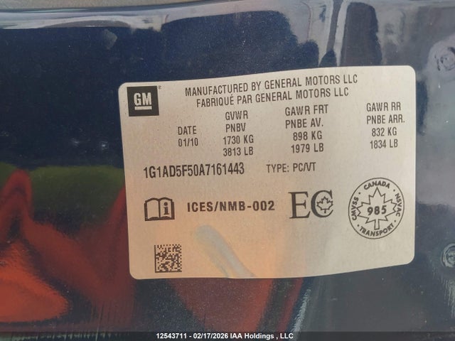 2010 Chevrolet Cobalt 1lt მანქანა იყიდება აუქციონზე, vin: 1G1AD5F50A7161443, აუქციონის ნომერი: 12543711