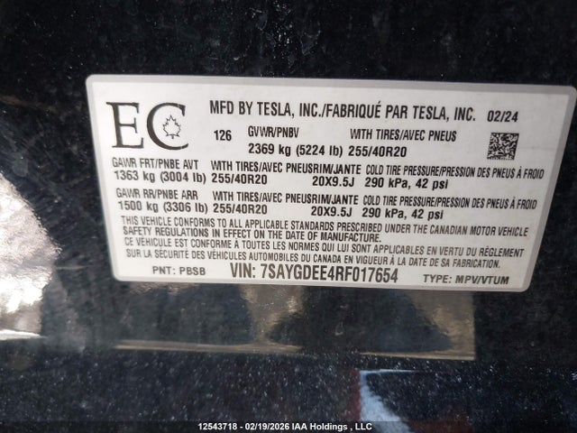 Продажа на аукционе авто 2024 Tesla Model Y, vin: 7SAYGDEE4RF017654, номер лота: 12543718