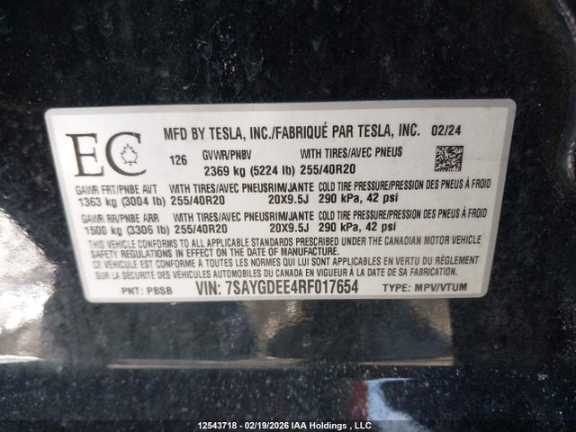 Продажа на аукционе авто 2024 Tesla Model Y, vin: 7SAYGDEE4RF017654, номер лота: 12543718