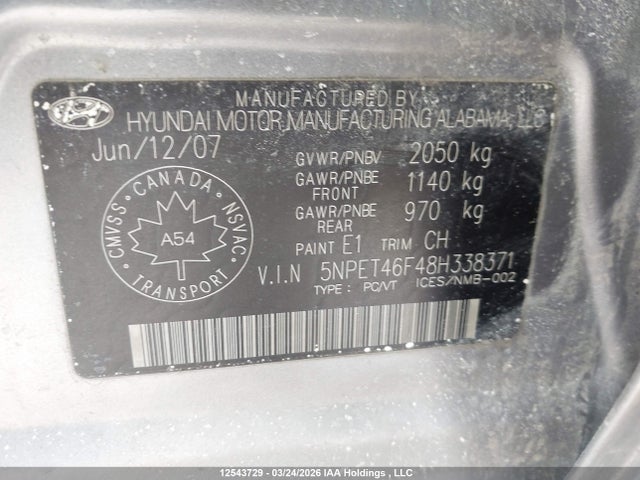 Aukcja sprzedaży 2008 Hyundai Sonata, vin: 5NPET46F48H338371, numer aukcji: 12543729