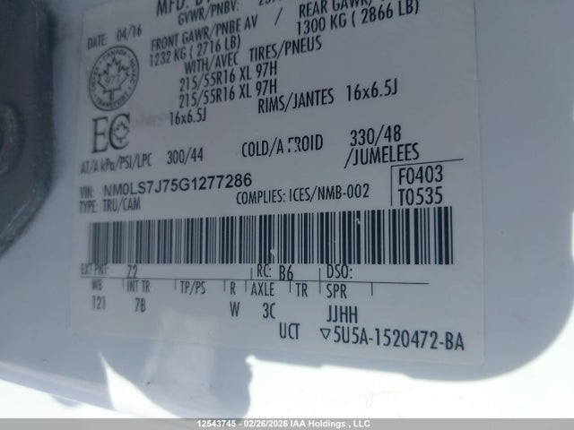 Aukcja sprzedaży 2016 Ford Transit Connect Xlt, vin: NM0LS7J75G1277286, numer aukcji: 12543745