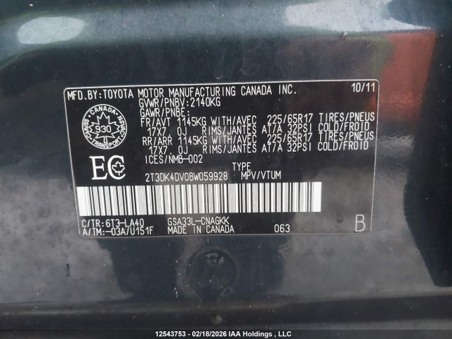 12543753 :رقم المزاد ، 2T3DK4DV0BW059928 vin ، 2011 Toyota Rav4 Limited مزاد بيع