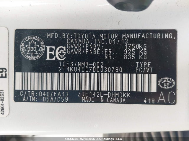 12543754 :رقم المزاد ، 2T1KU4EE7DC030780 vin ، 2013 Toyota Matrix مزاد بيع