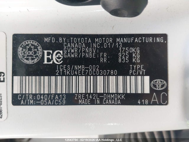 12543754 :رقم المزاد ، 2T1KU4EE7DC030780 vin ، 2013 Toyota Matrix مزاد بيع