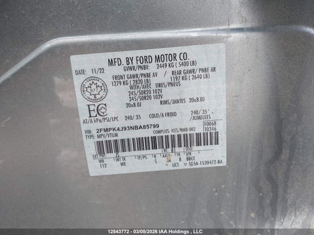 Продажа на аукционе авто 2022 Ford Edge, vin: 2FMPK4J93NBA85799, номер лота: 12543772