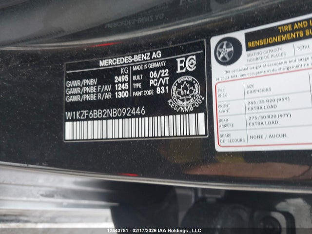 Aukcja sprzedaży 2022 Mercedes-benz E Amg 53 4matic, vin: W1KZF6BB2NB092446, numer aukcji: 12543781