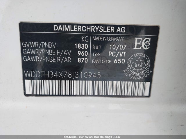 12543784 :رقم المزاد ، WDDFH34X78J310945 vin ، 2008 Mercedes-benz B200 مزاد بيع