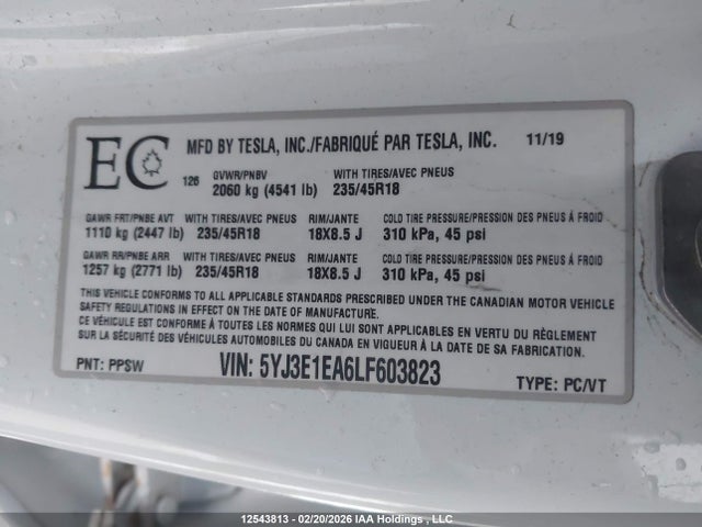 Aukcja sprzedaży 2020 Tesla Model 3 Standard Range Plus, vin: 5YJ3E1EA6LF603823, numer aukcji: 12543813