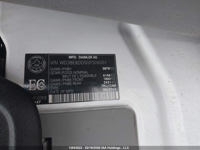 12543822 :رقم المزاد ، WD3BE8DD5GP306001 vin ، 2016 Mercedes-benz Sprinter S مزاد بيع