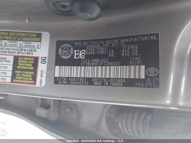 12543824 :رقم المزاد ، 2T1BURHE3FC398207 vin ، 2015 Toyota Corolla Le مزاد بيع