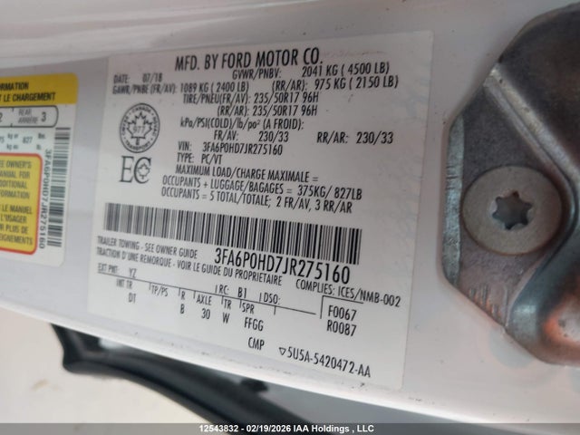 Aukcja sprzedaży 2018 Ford Fusion Se, vin: 3FA6P0HD7JR275160, numer aukcji: 12543832