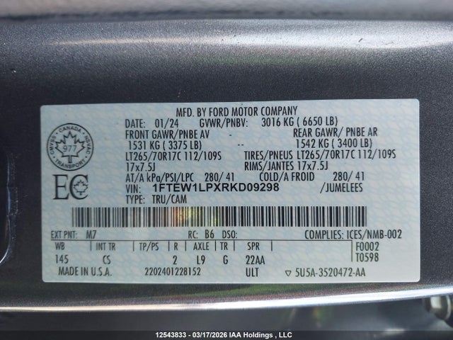 Продажа на аукционе авто 2024 Ford F150 Xl, vin: 1FTEW1LPXRKD09298, номер лота: 12543833