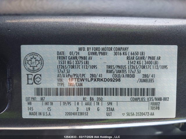 Продажа на аукционе авто 2024 Ford F150 Xl, vin: 1FTEW1LPXRKD09298, номер лота: 12543833
