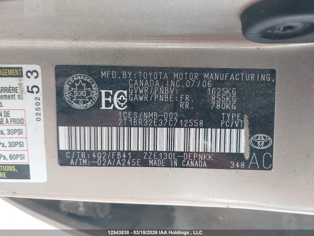 12543838 :رقم المزاد ، 2T1BR32E37C712558 vin ، 2007 Toyota Corolla مزاد بيع