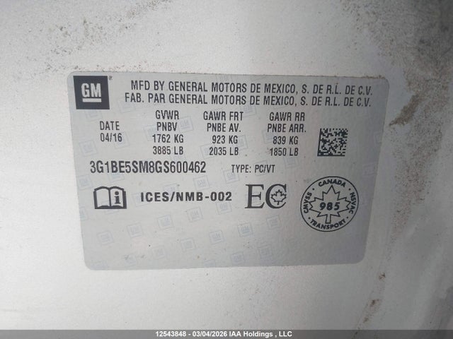 Aukcja sprzedaży 2016 Chevrolet Cruze, vin: 3G1BE5SM8GS600462, numer aukcji: 12543848
