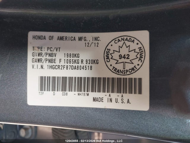 Продаж на аукціоні авто 2013 Honda Accord Exl, vin: 1HGCR2F87DA804518, номер лоту: 12543855